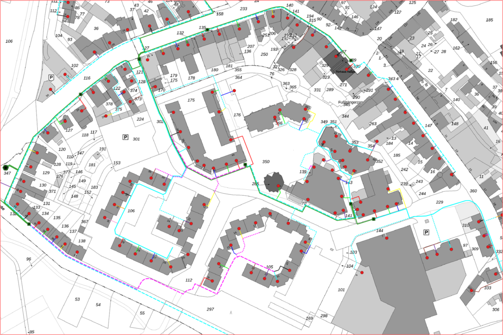 FTTx-Ausbauplanung im Innenstadtgebiet mit Schächten und Verteiler-Muffen. Insgesamt: 261 Gebäudeanschlüsse, 6670 Trassenmeter, 48055 Kabelmeter